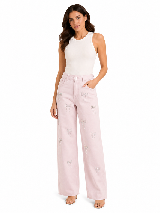 Women blush bow embellished wide-leg pants