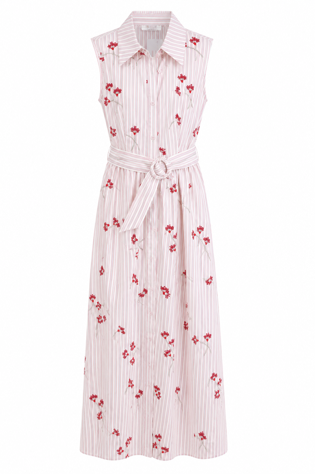 Blush pink floral stripe belted shirt midi drees