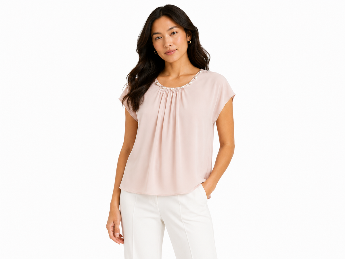 Blush pearl embellished chiffon blouse