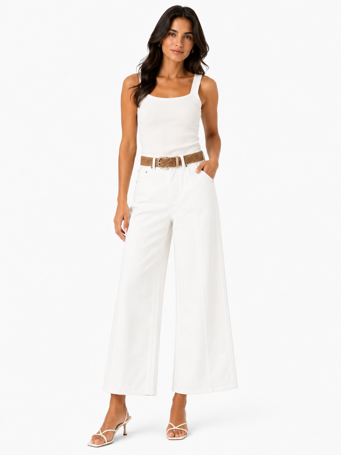 Women white wide-leg pants with woven belt
