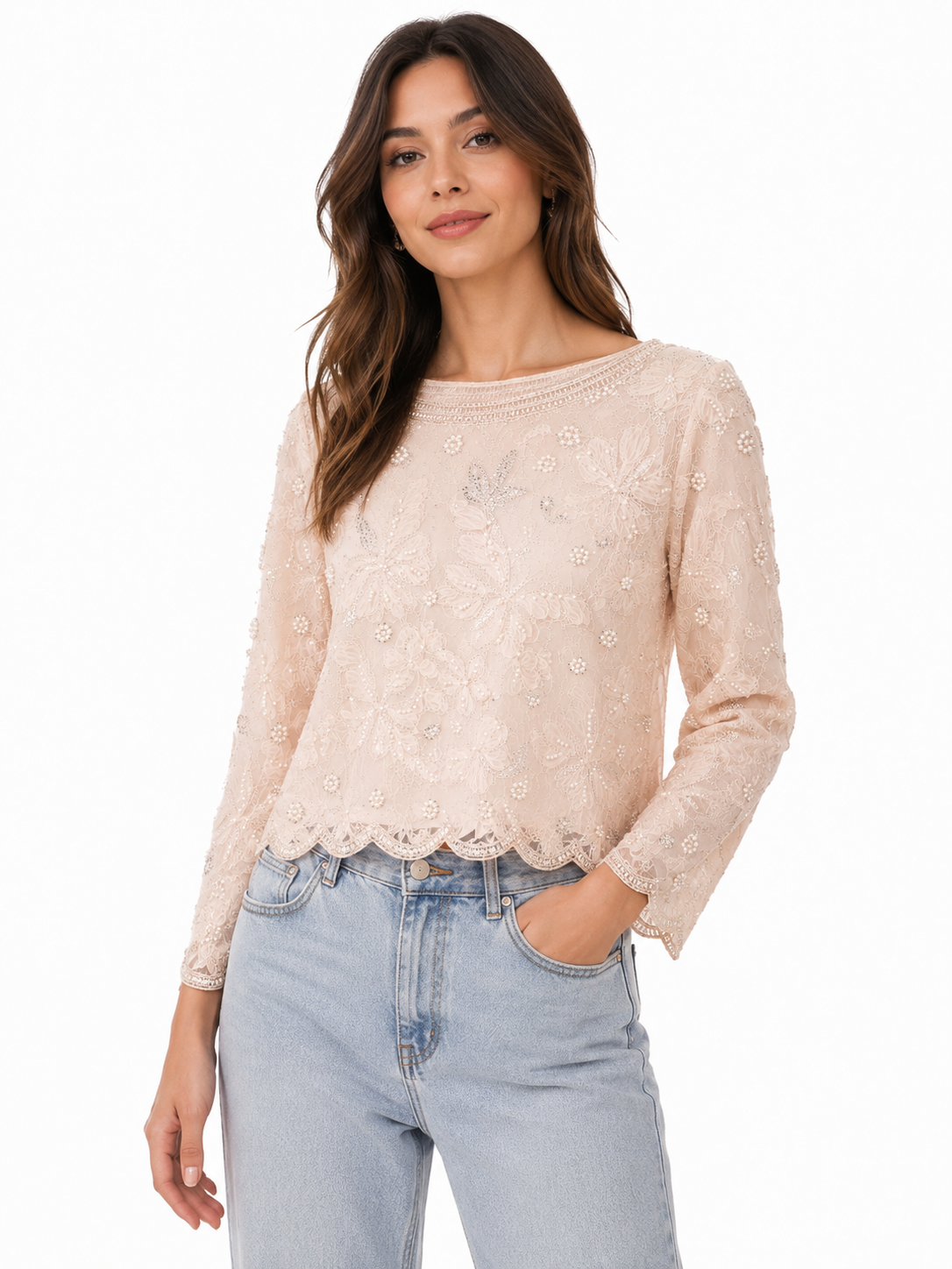 Blush floral embellished sheer blouse
