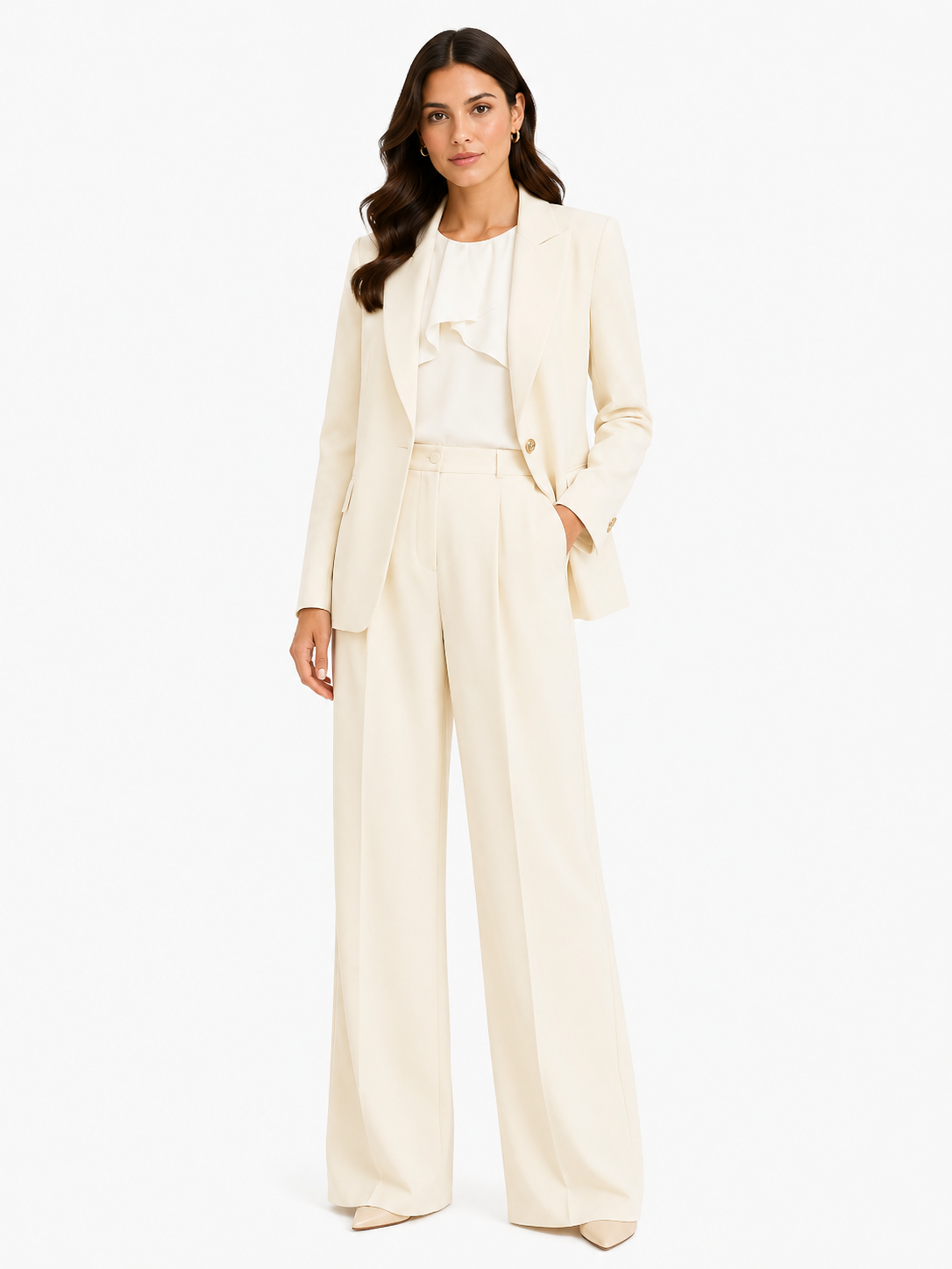 Girls elegant cream blazer&wide-leg pants set