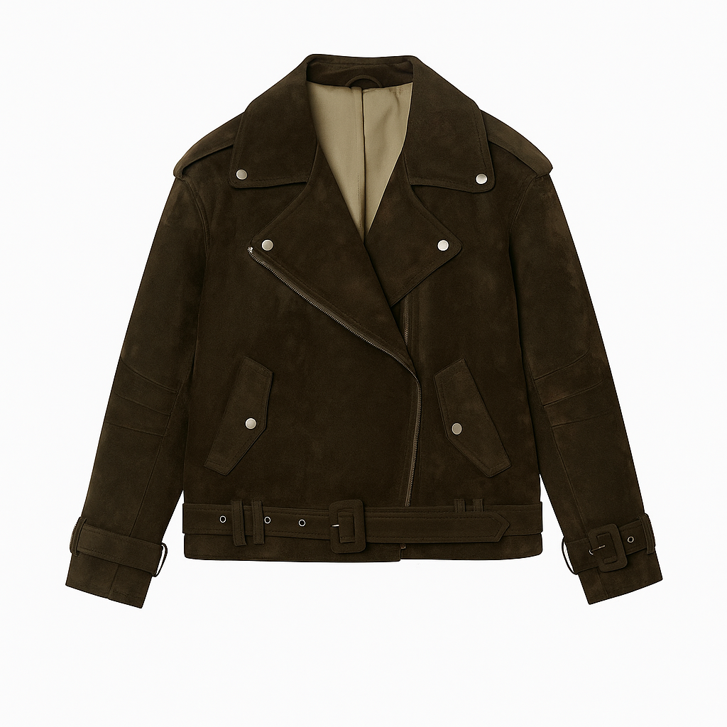 Biker Jacket with Belted Waist and Silver Hardware