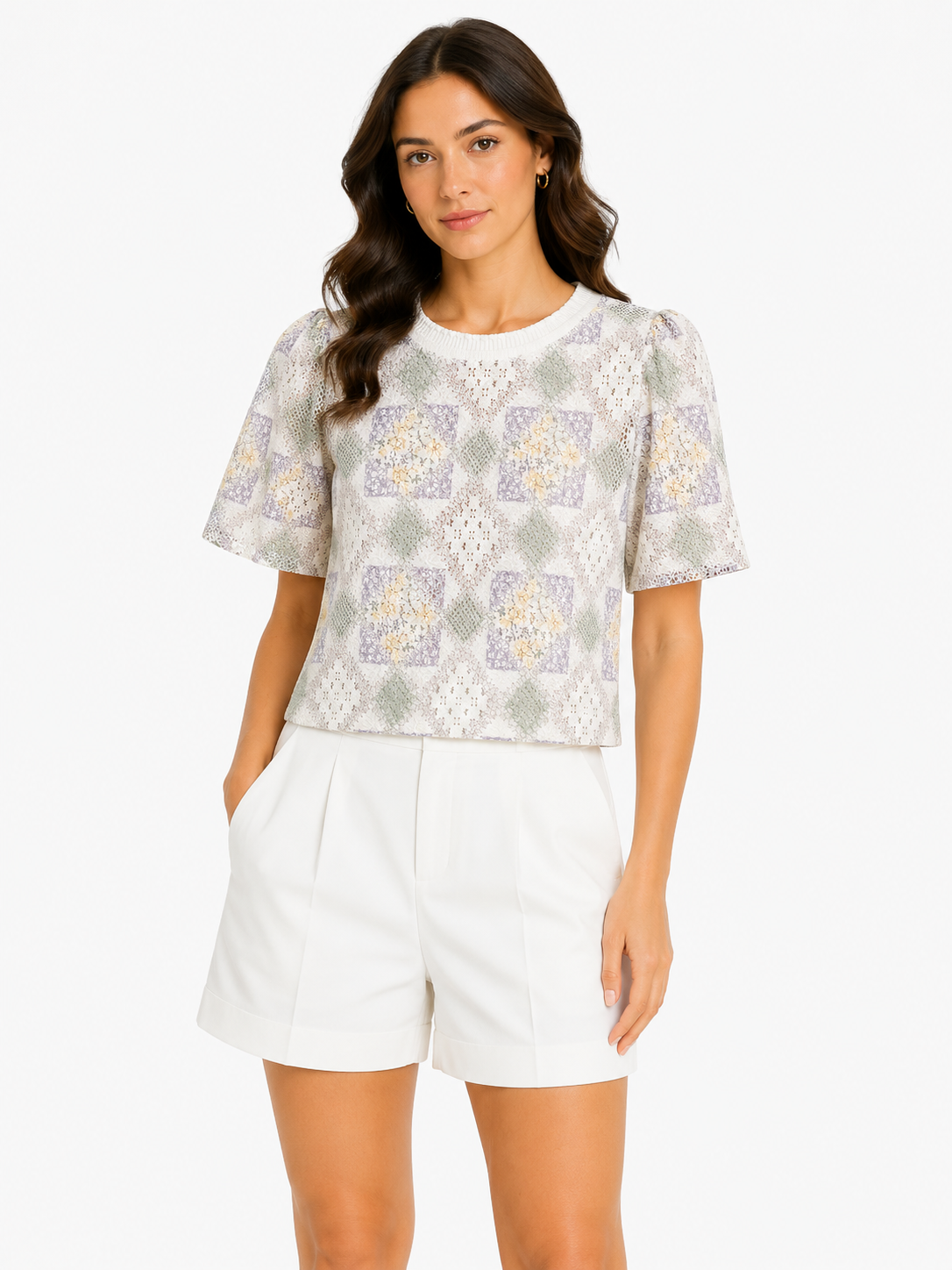 Women pastel geometric lace short sleeve top