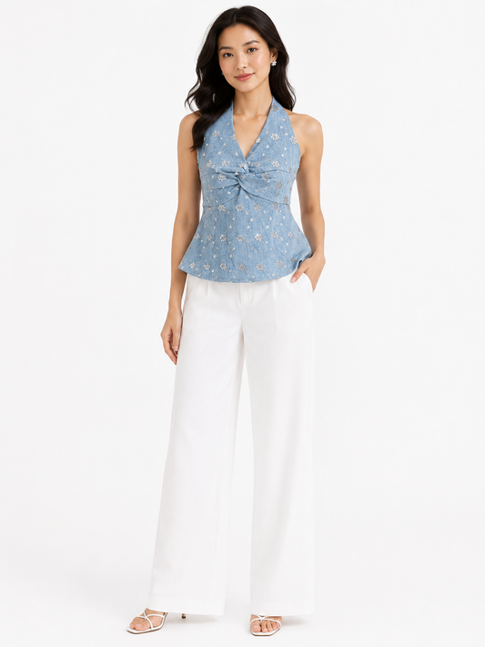 Girls blue sequin halter smacked top