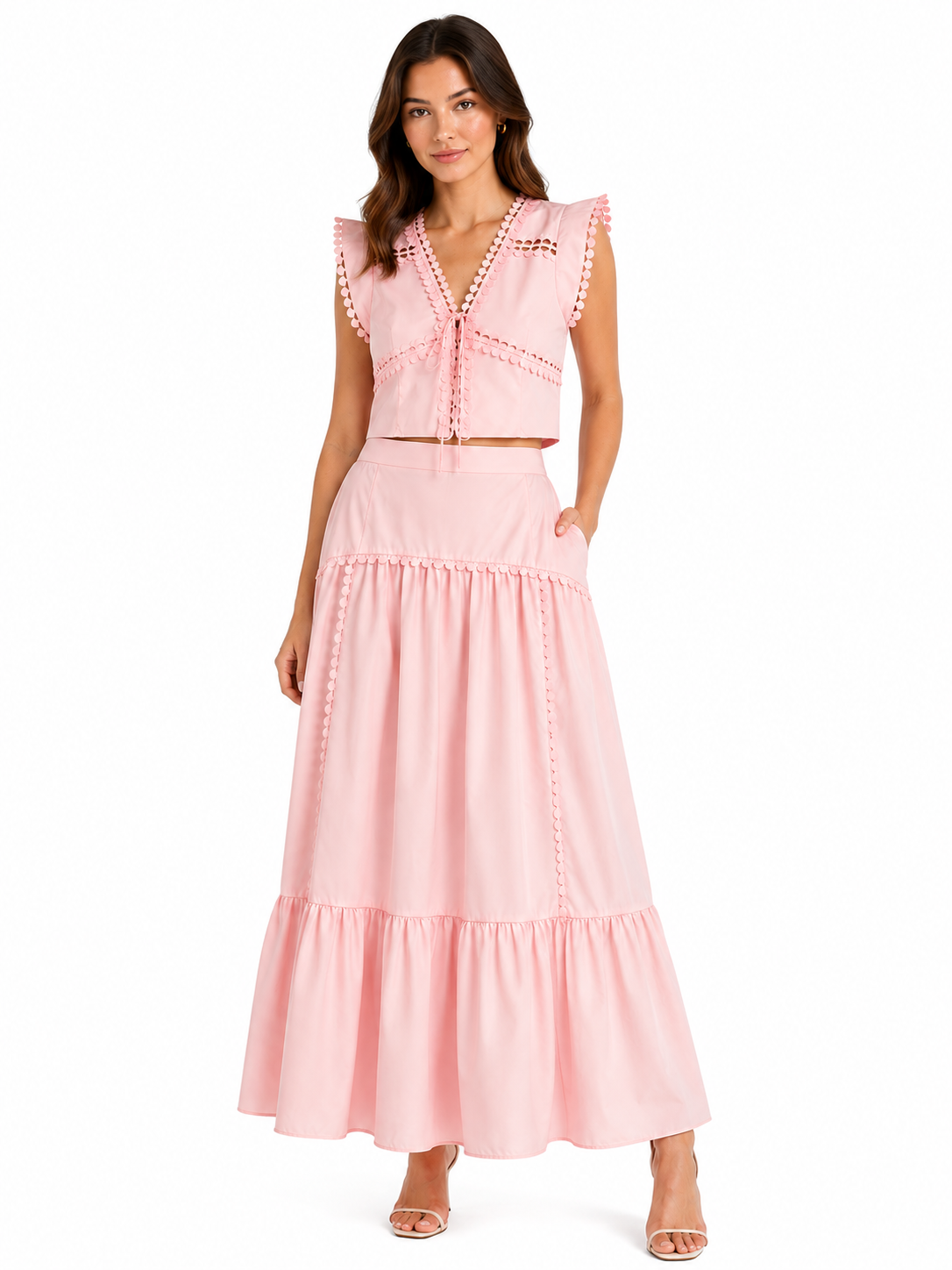 Blush pink scallop trim two-piece maxi skirt set