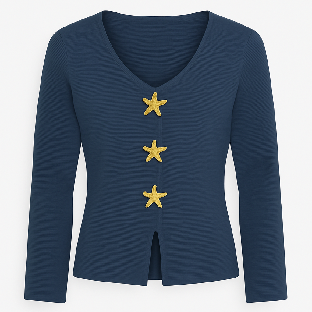 Tailored Deep Blue Knit Top with Star Accents
