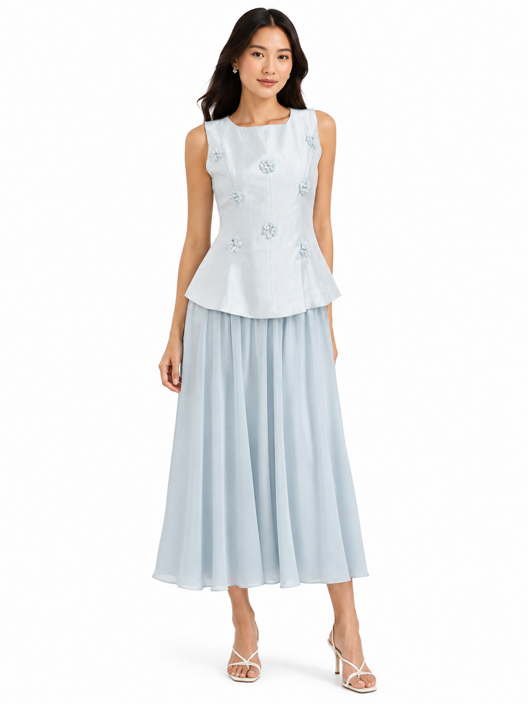 Powder blue floral applique top & maxi skirt set