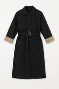 Black Belted Trench Coat with Plaid Cuff Detail