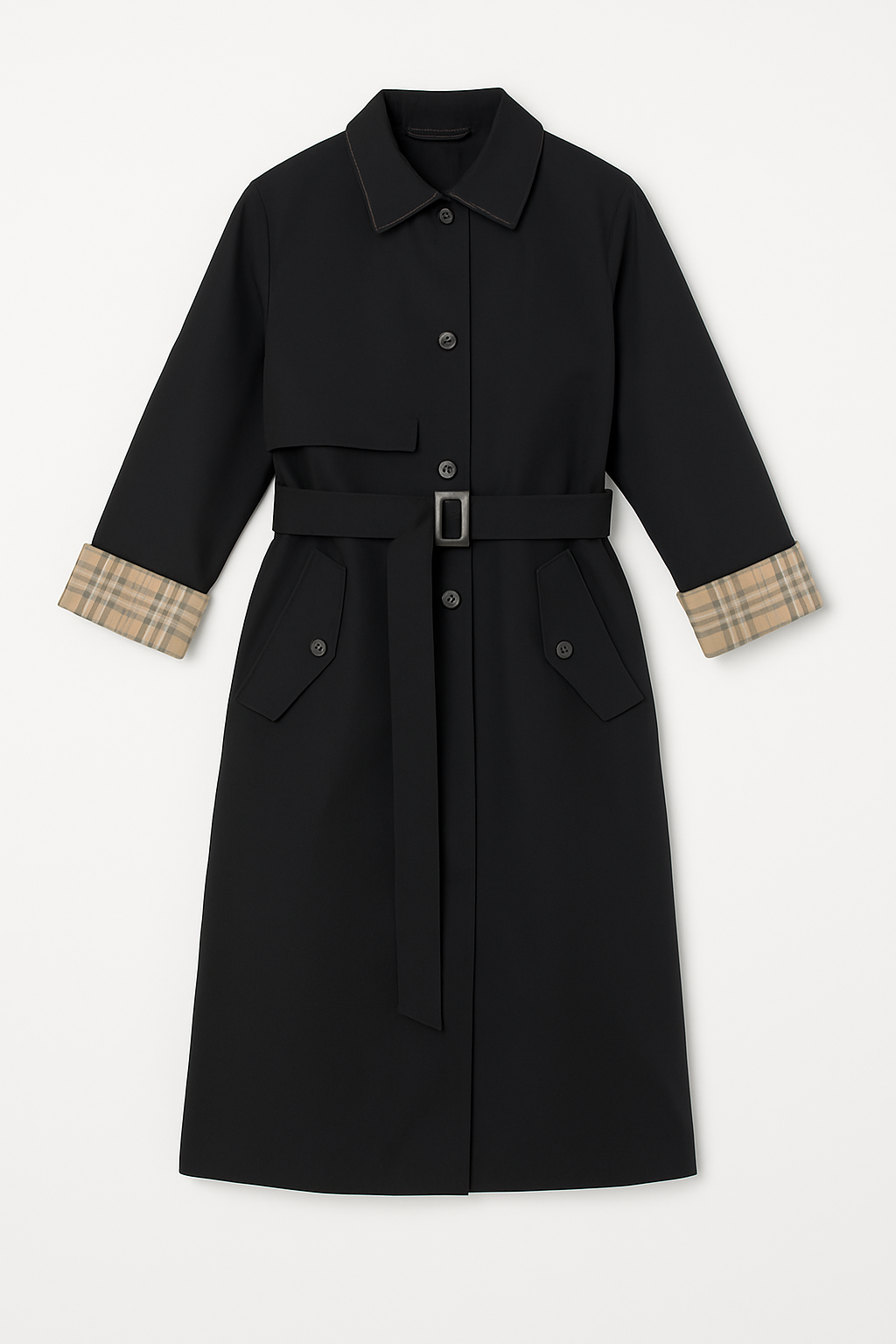 Black Belted Trench Coat with Plaid Cuff Detail