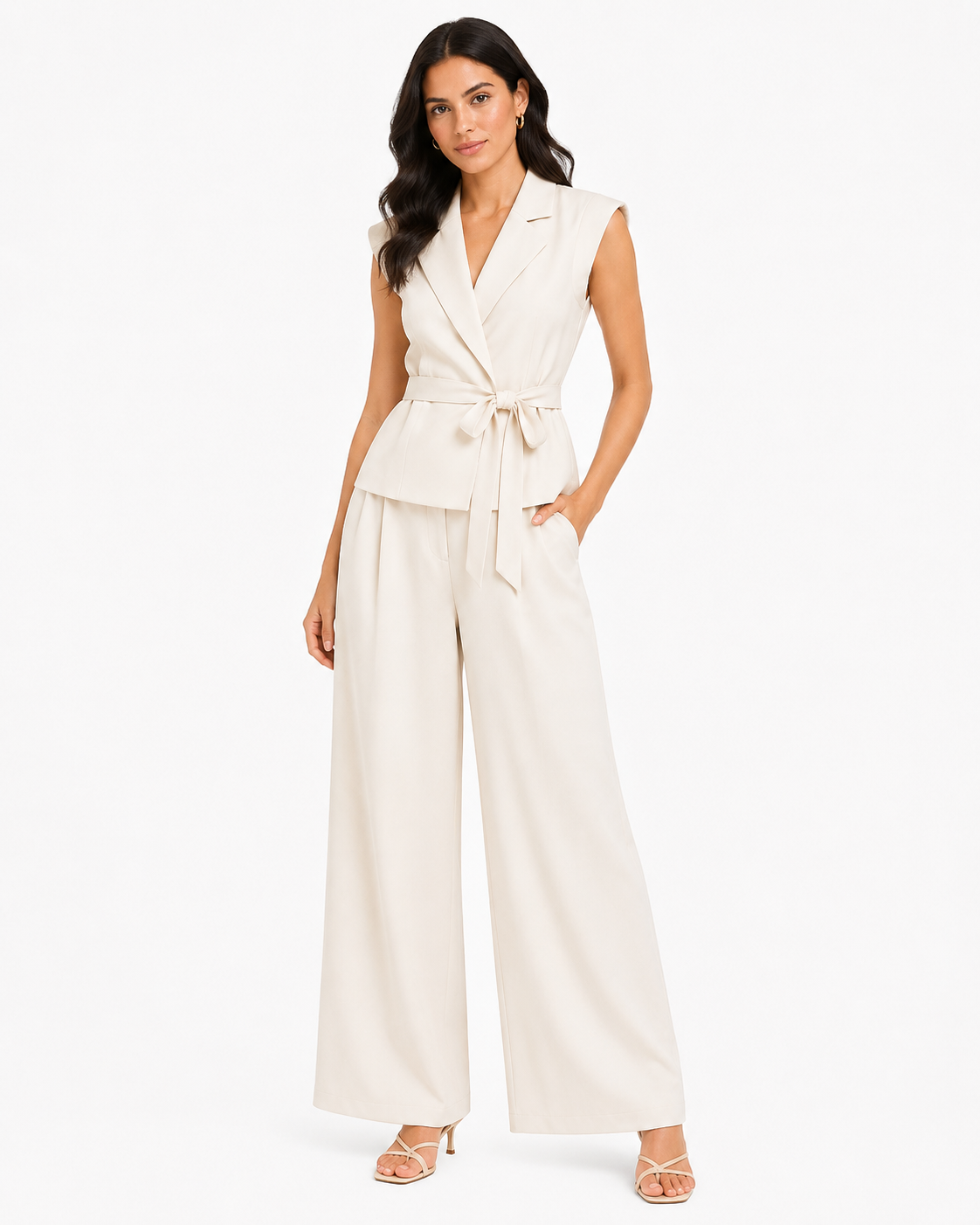 Women’s Ivory Belted Sleeveless Blazer & Wide-Leg Pants Set