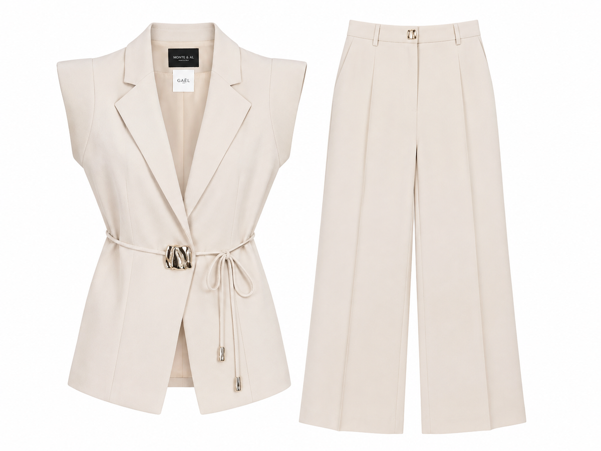 Women’s Ivory Belted Sleeveless Blazer & Wide-Leg Pants Set