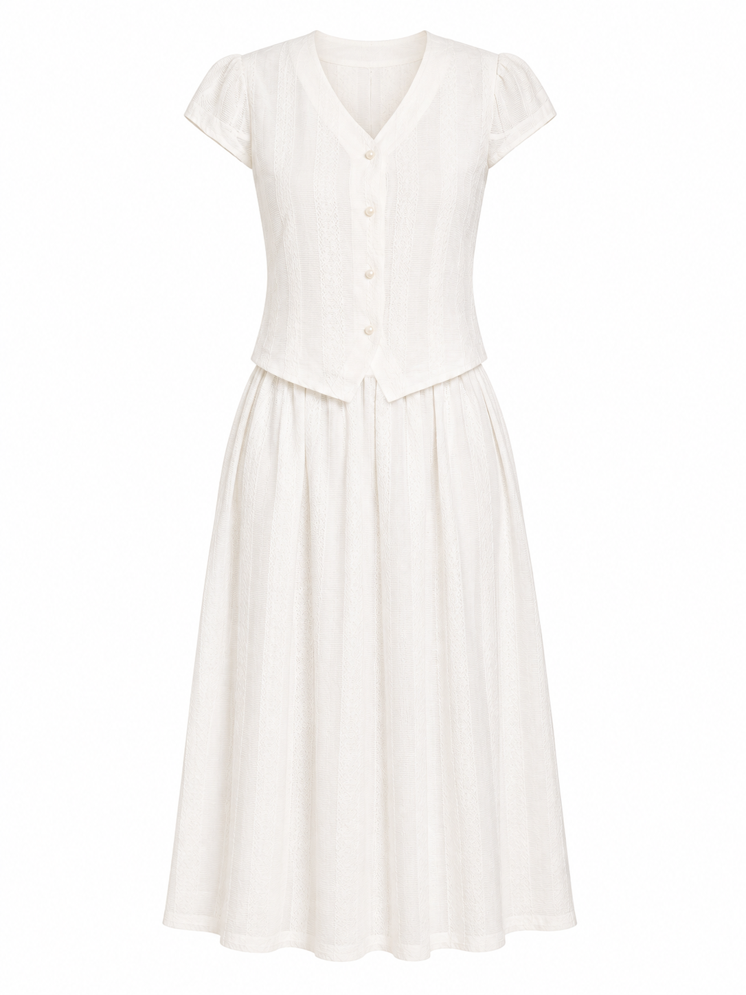 Pearl button textured ivory skirt set