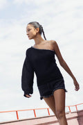 Black One-Shoulder Knit Top with Pearl Trim