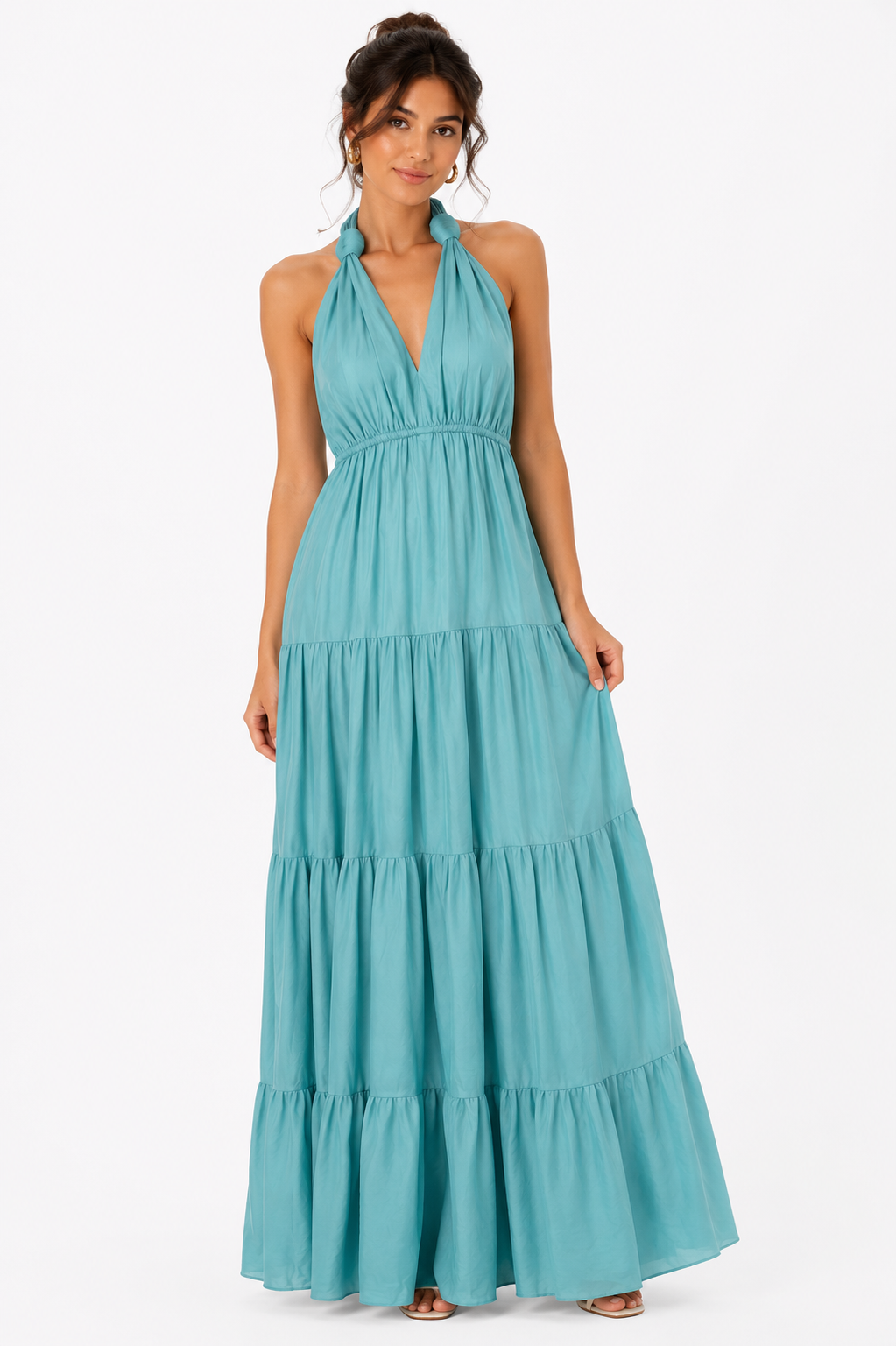 Aqua halter tiered maxi dress