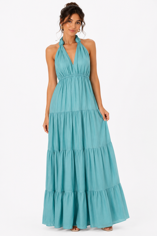 Aqua halter tiered maxi dress