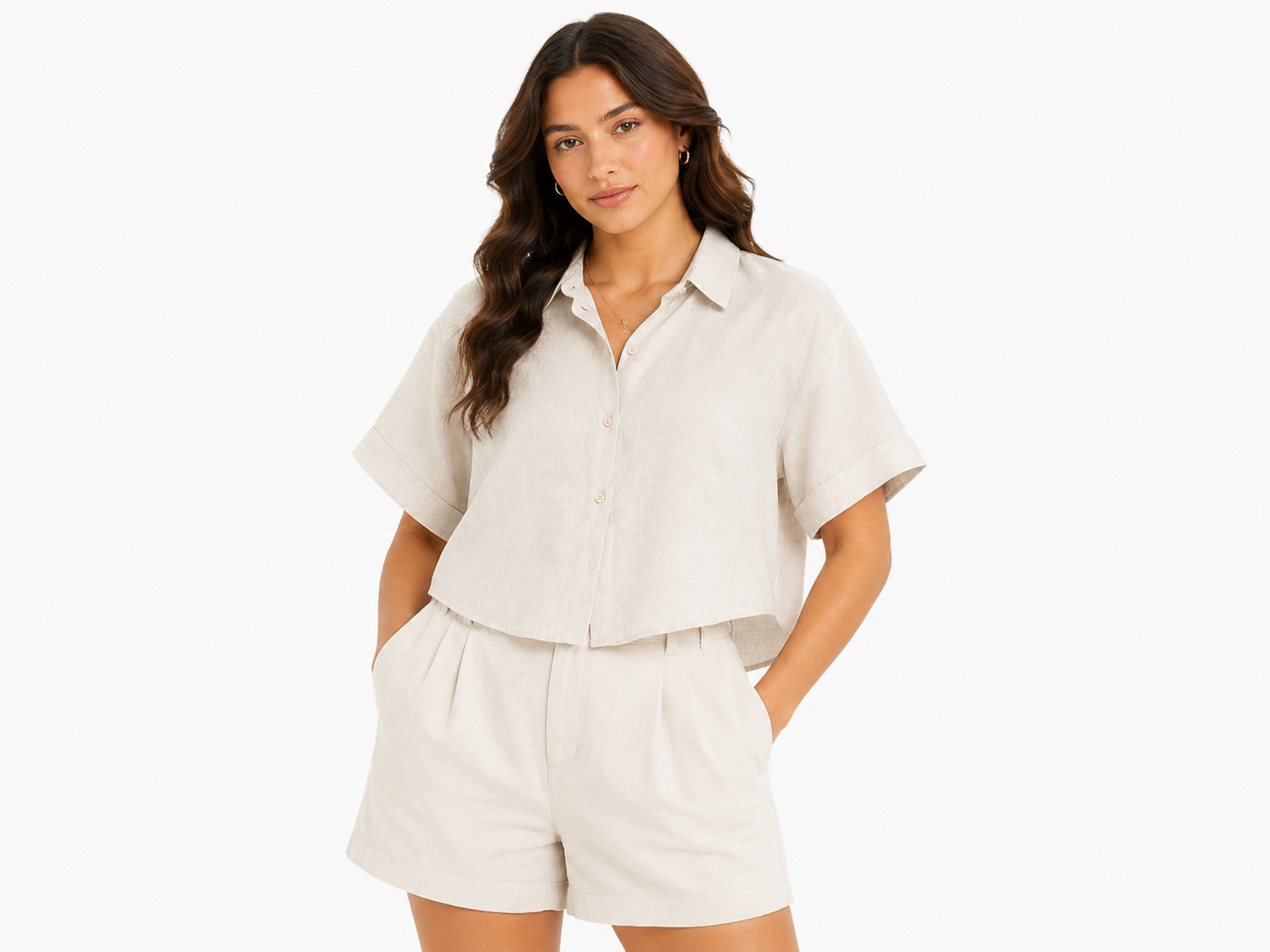 Women beige oversized short sleeve button-up shirt