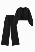 Black Zip Bomber Jacket and Wide-Leg Pants Set