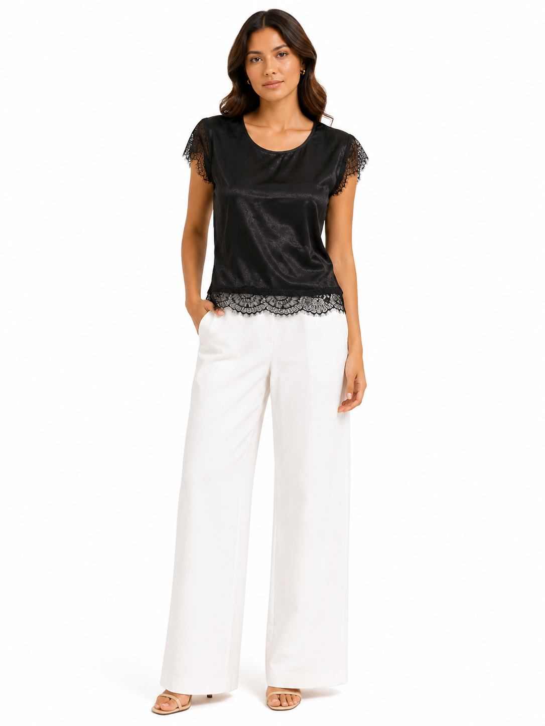 Black satin lace trim top