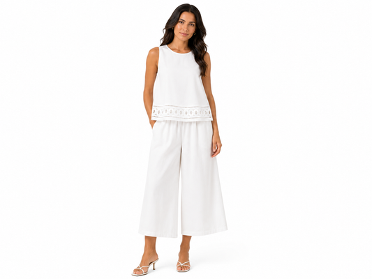 Women white sleeveless top & wide-leg pants set