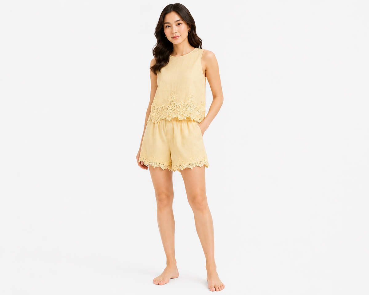 Women pale yellow lace-trim top&shorts set