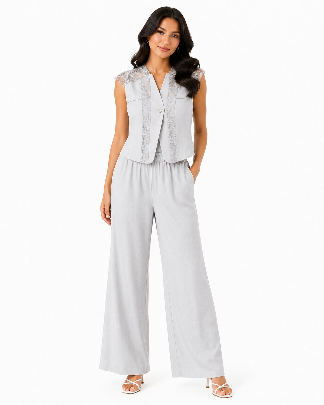 Women’s Light Gray Lace Vest & Wide-Leg Pants Set