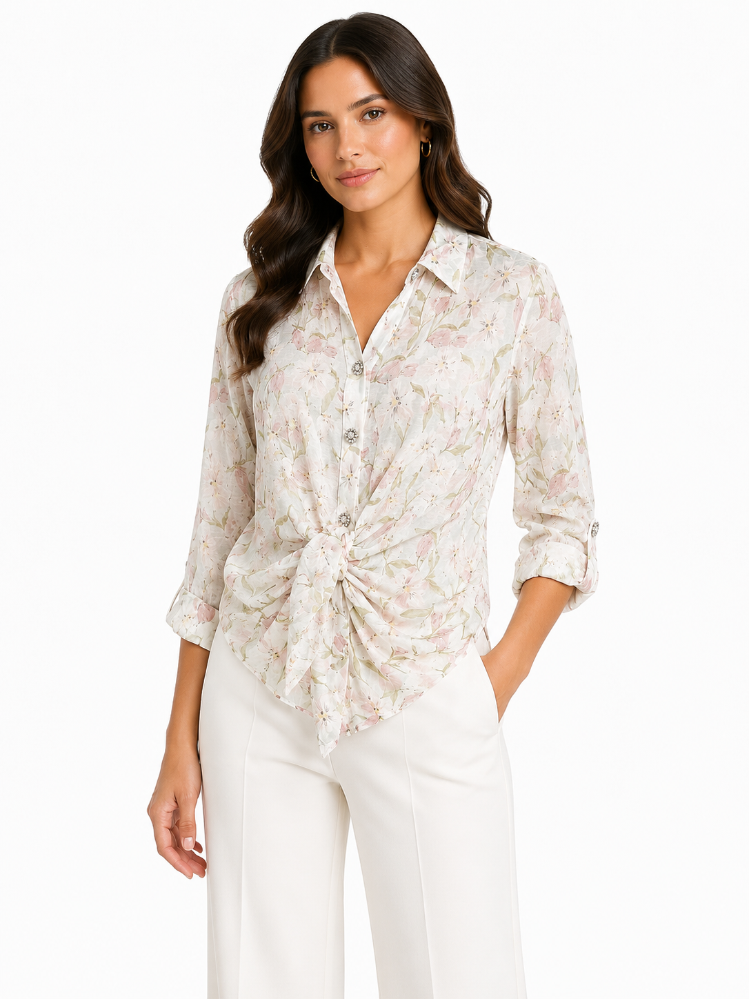 Pastel floral tie-front blouse