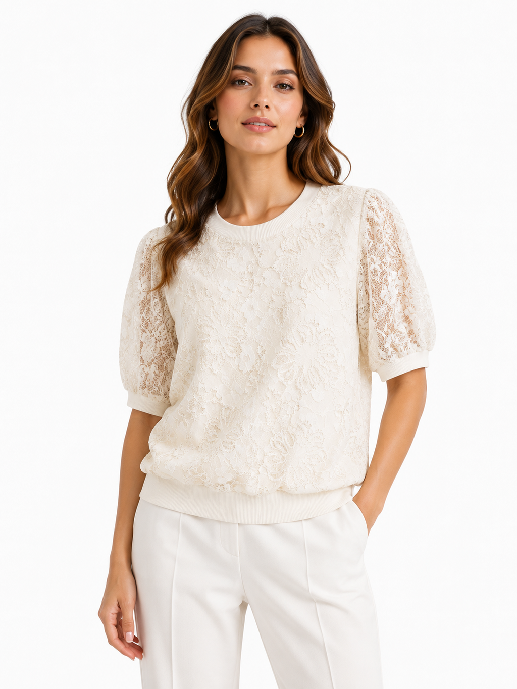 Women floral lace knit top-ivory white
