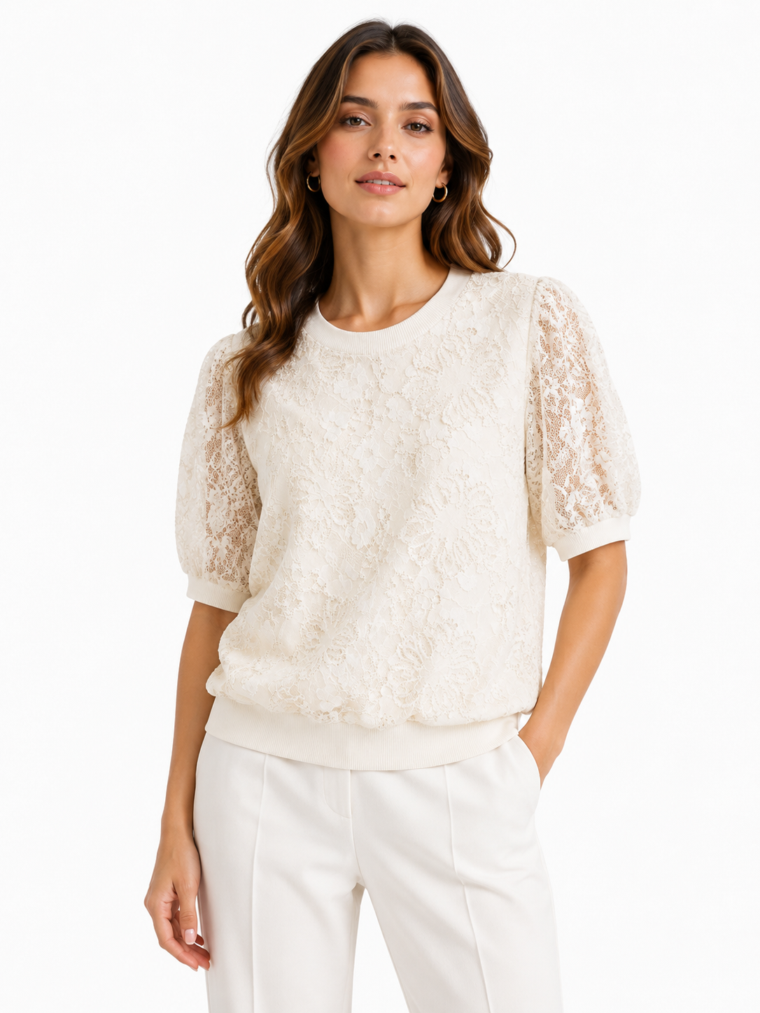 Women floral lace knit top-ivory white