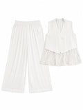 White Lace-Trim Vest & Wide-Leg Pants Set