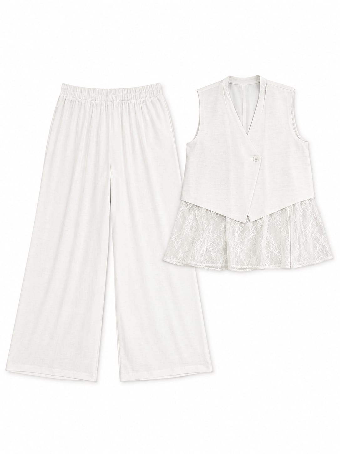 White Lace-Trim Vest & Wide-Leg Pants Set