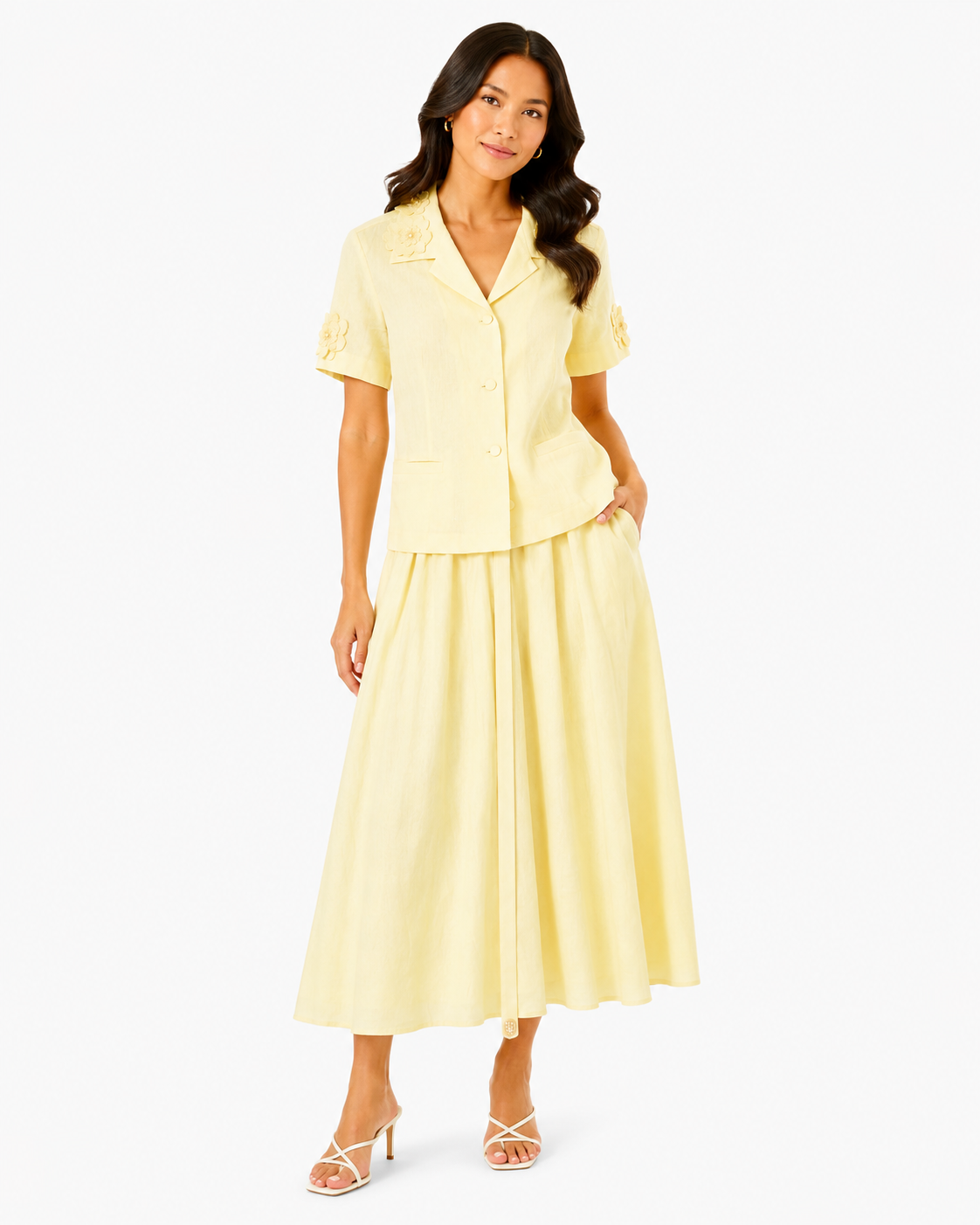 Women’s Pastel Yellow Floral Blouse & Maxi Skirt Set