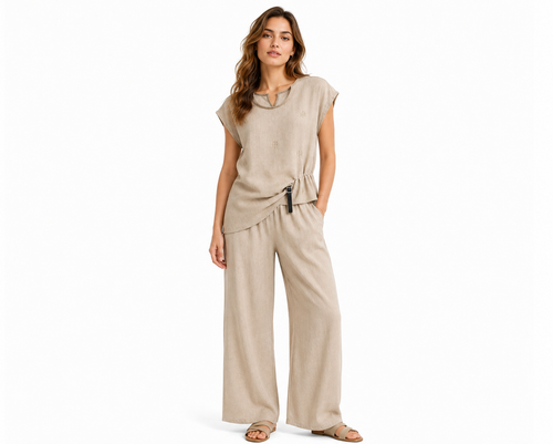 Beige embroidered linen co-ord set-sleeveless top&wide-leg pant