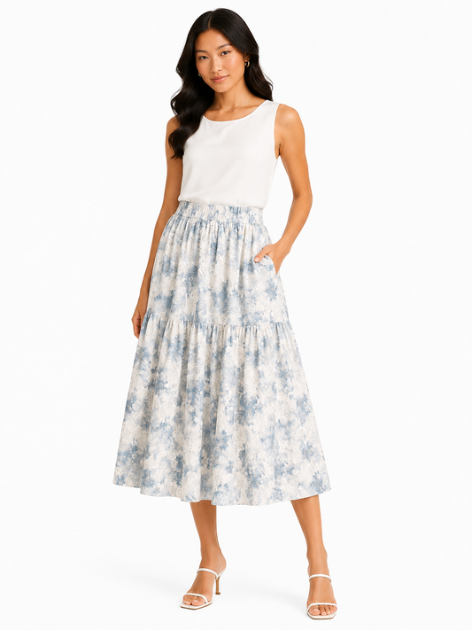 Women blue floral print maxi skirt