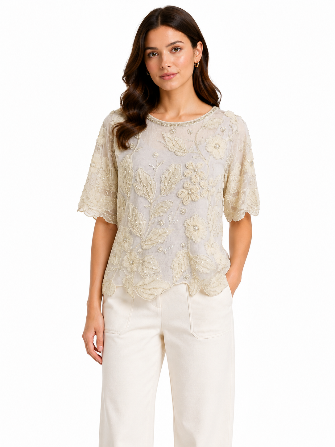 Pearl blossom embroidered top