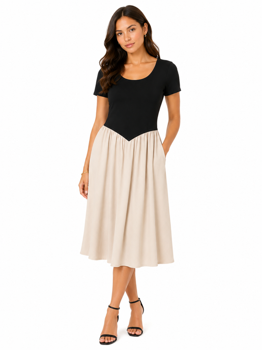 Women’s Black & Beige Two-Tone Midi Dress
