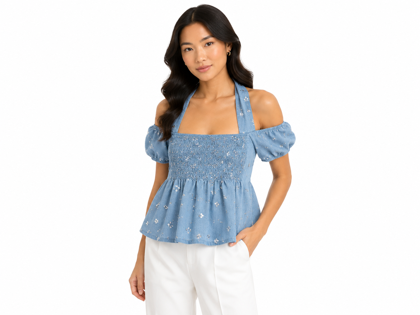 Girls blue sequin halter smacked top