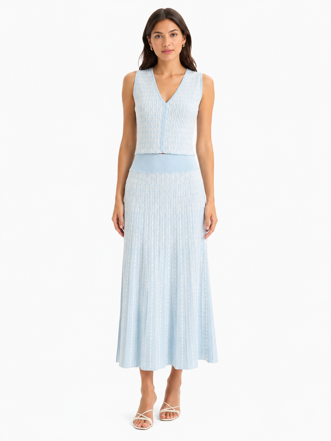 Sky blue striped knit top& maxi skirt set