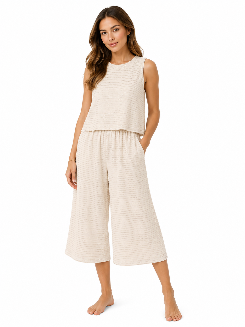 Women’s Ivory Sparkle Knit Sleeveless Top & Wide-Leg Pants Set