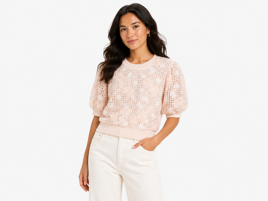 Blush floral lace puff sleeve top