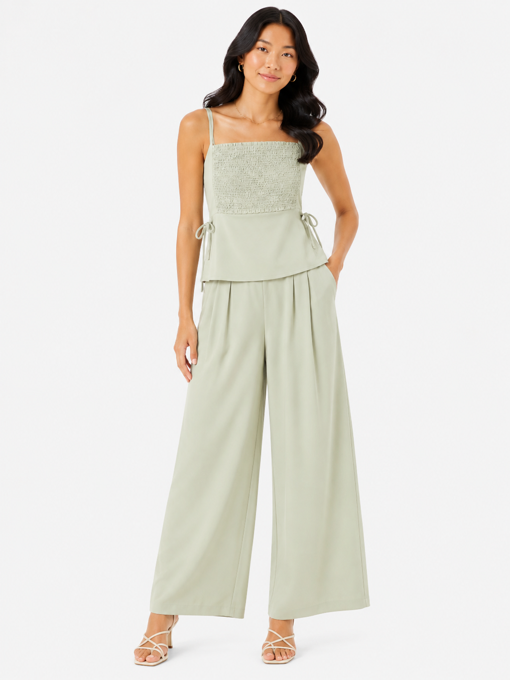 Women’s Sage Green Smocked Cami Top & Wide-Leg Pants Set