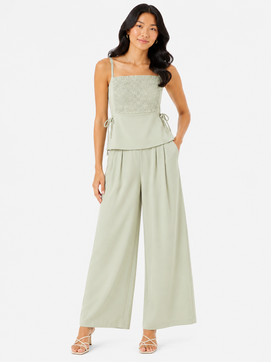 Women’s Sage Green Smocked Cami Top & Wide-Leg Pants Set