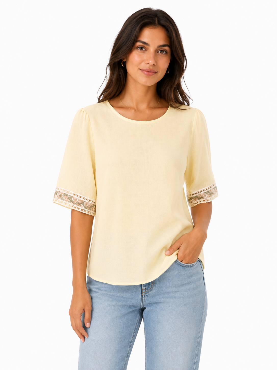 Women solid cream blouse with lace sleeve trim