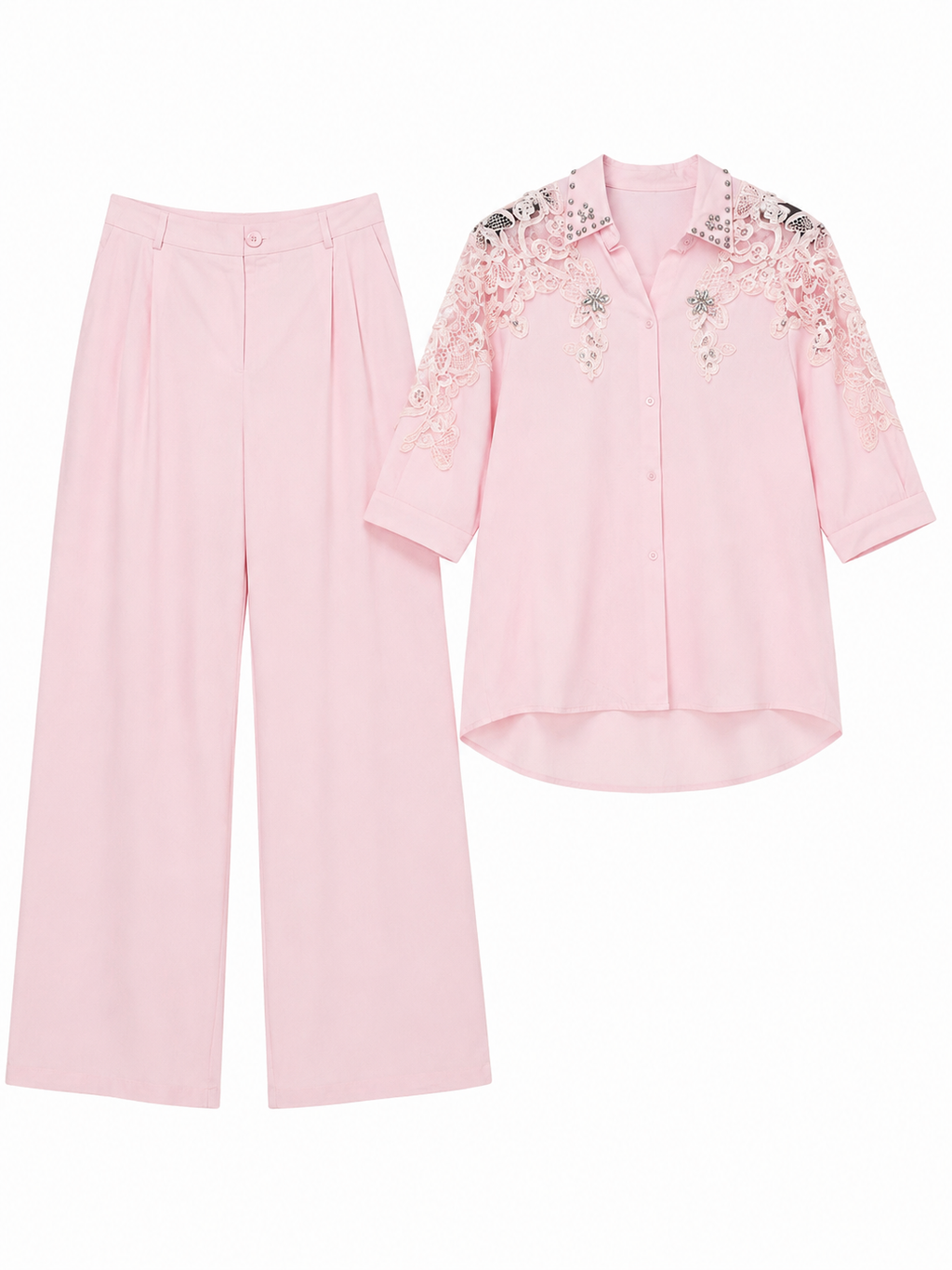 Blush pink lace embellished shirt& wide-leg pants set