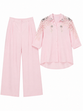 Blush pink lace embellished shirt& wide-leg pants set
