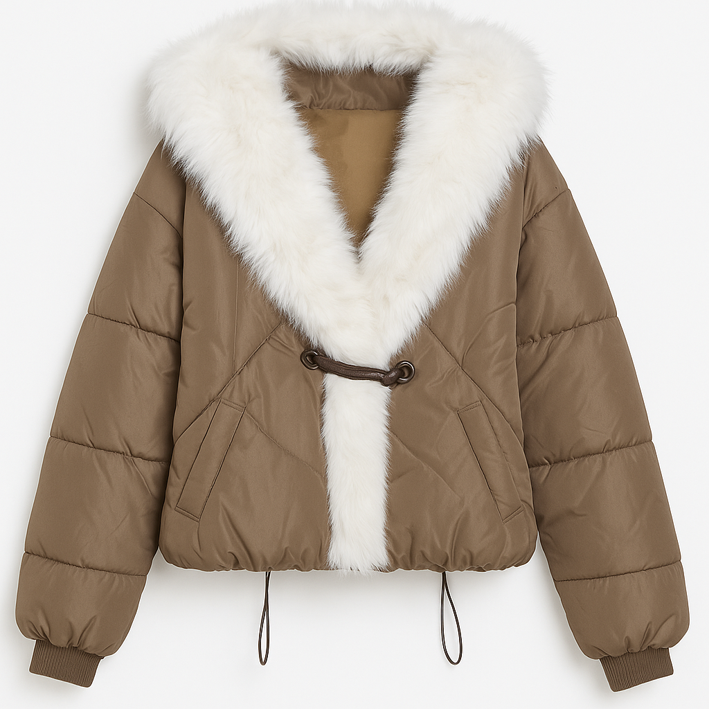 Puffer chocolate jacket with white faux-fur