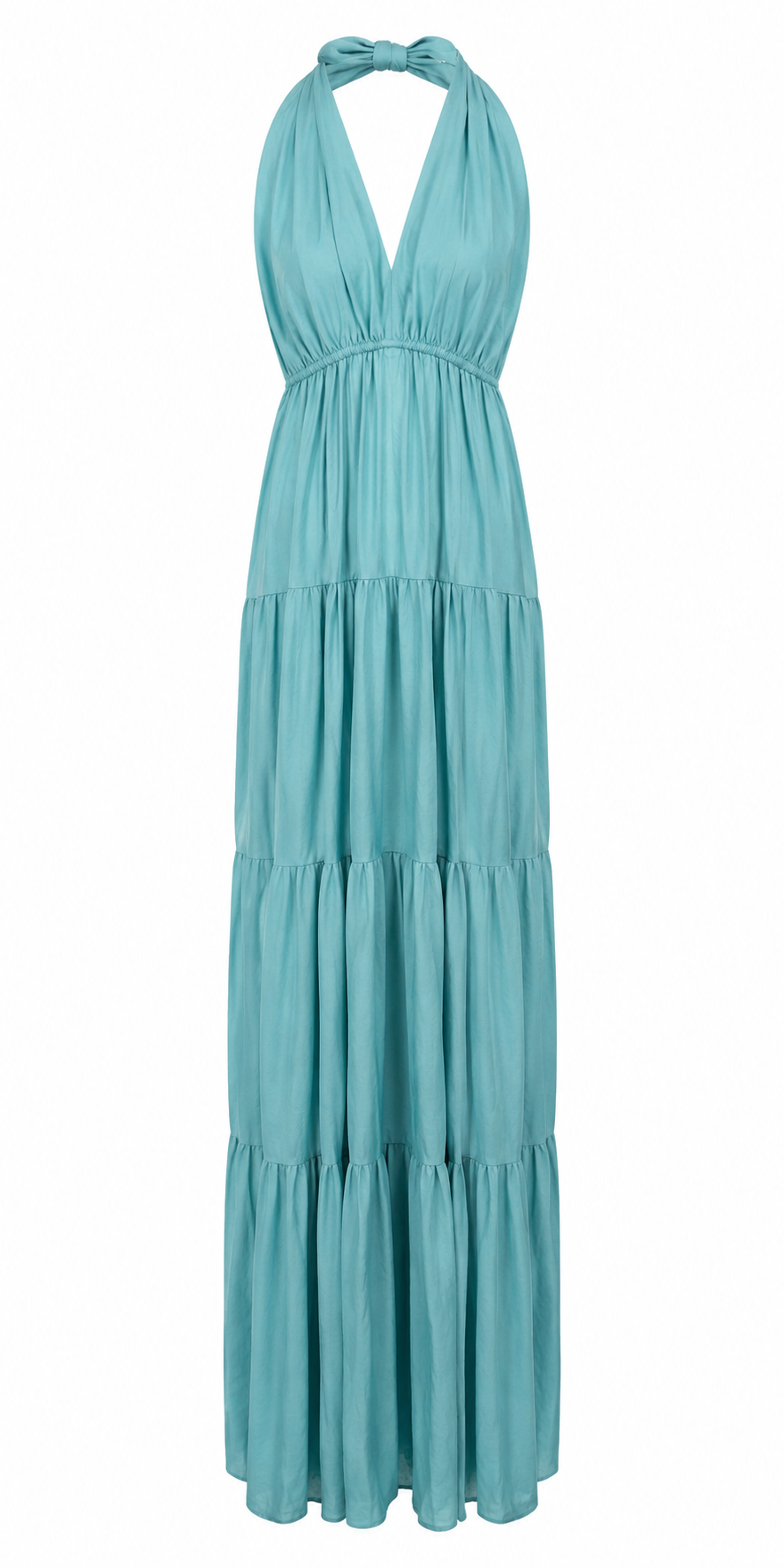 Aqua halter tiered maxi dress