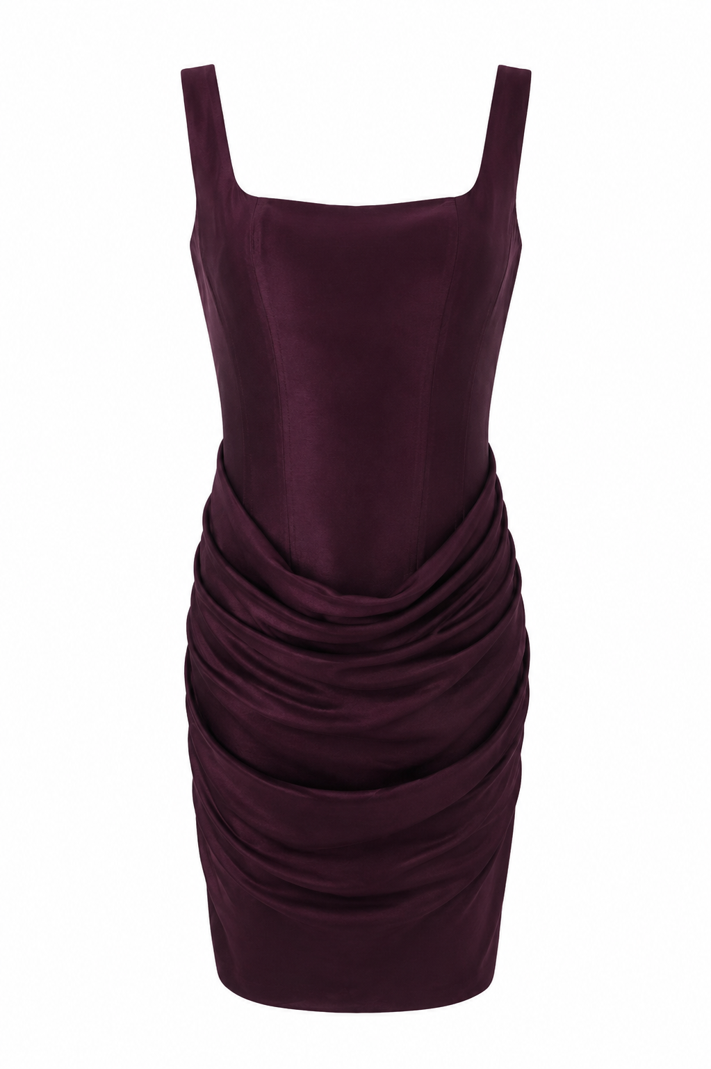 Burgundy ruched square neck mini dress