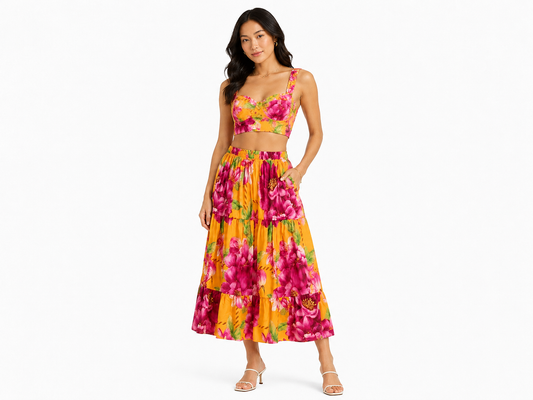 Women floral crop top & tiered maxi skirt set