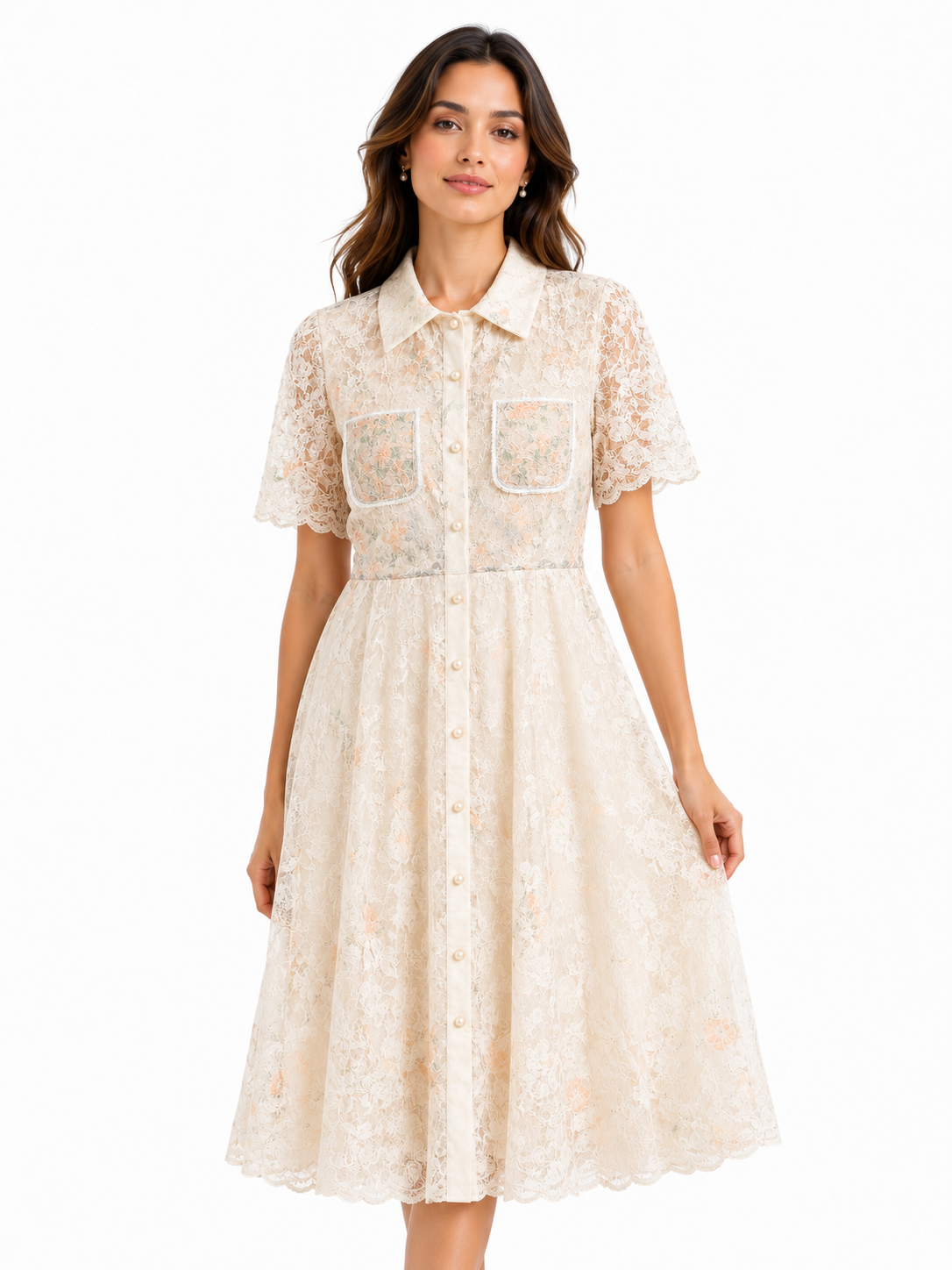 Women floral lace shirt dress-ivory slush